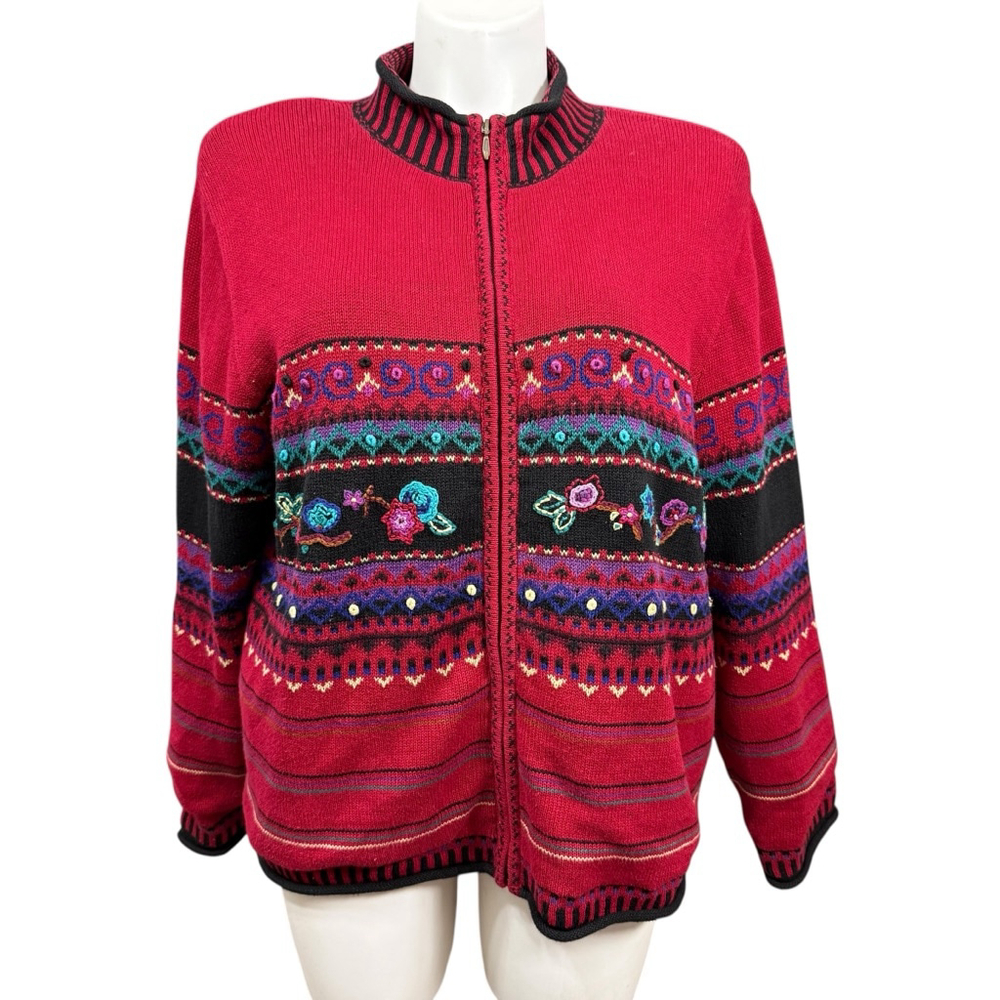 Vintage Koret Red Zip Up Knit Sweater Jacket Floral Embroidery XL